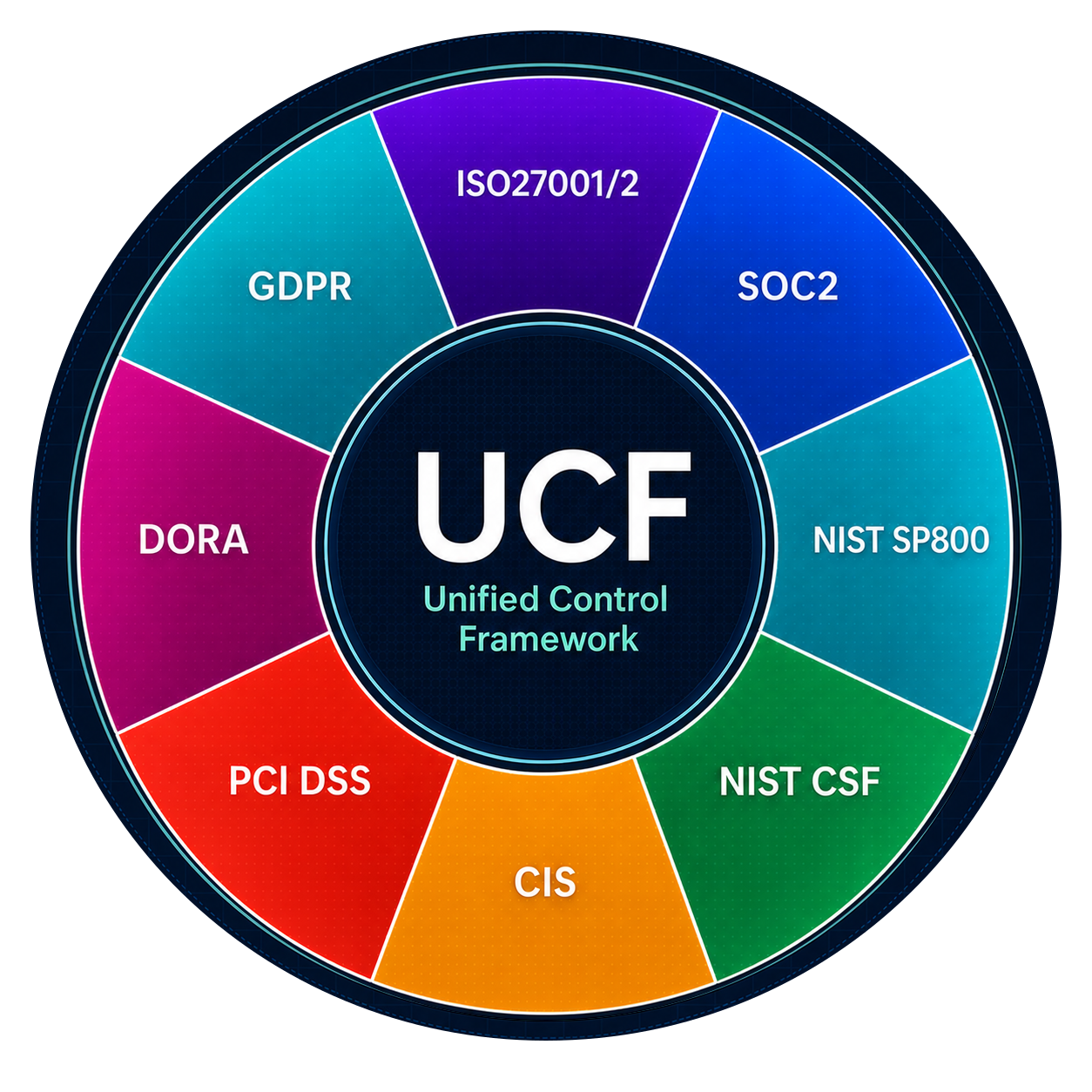 Unified Control Framework graph connecting ISO 27001/2, SOC 2, NIST SP800, NIST CSF, CIS, PCI DSS, DORA, and GDPR